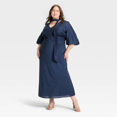 New - Women's Tie Neck Maxi Dress - A New Day™ Navy Blue 4X