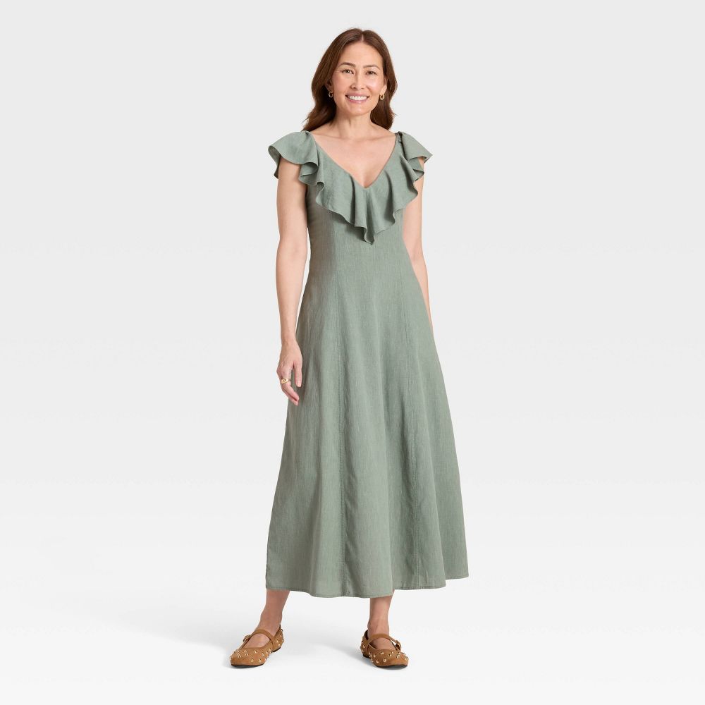 New - Women's Ruffle Sleeve Maxi A-Line Dress - Universal Thread™ Green XL