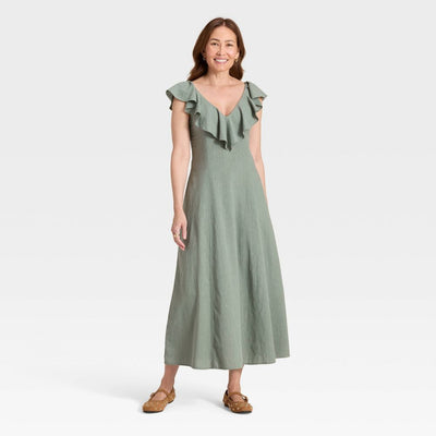 New - Women's Ruffle Sleeve Maxi A-Line Dress - Universal Thread™ Green XL