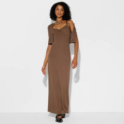 New - Women's Ribbed Maxi Bodycon Dress and Cardigan Set - Wild Fable™ Brown M