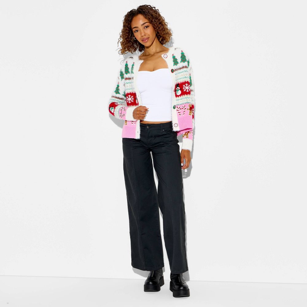 New - Women's Holiday Icons Festive Graphic Cardigan - Cream L