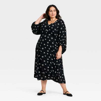 Open Box - Women's Bishop Long Sleeve Midi A-Line Dress - Ava & Viv™ Black/Cream Bow 1X