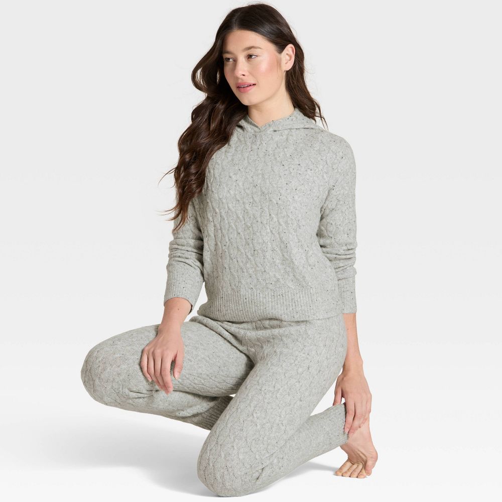 New - Women's Cashfeel Cable Knit Hooded Pullover Sweater - Auden™ Heather Gray XS