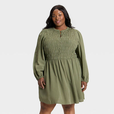 New - Women's Bishop Long Sleeve Button-Up Smocked Mini Dress - Ava & Viv™ Olive Green Pinstripe 3X