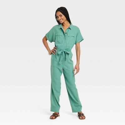 New - Universal Thread Women's Short Sleeve Linen Boilersuit Casual Jumpsuit Universal ThreadBullseye Deals