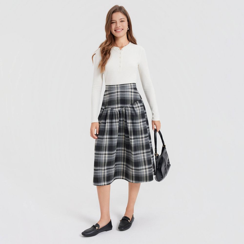 New - Women's Corduroy Dropped Waist Full Skirt - Universal Thread™ Black Plaid S