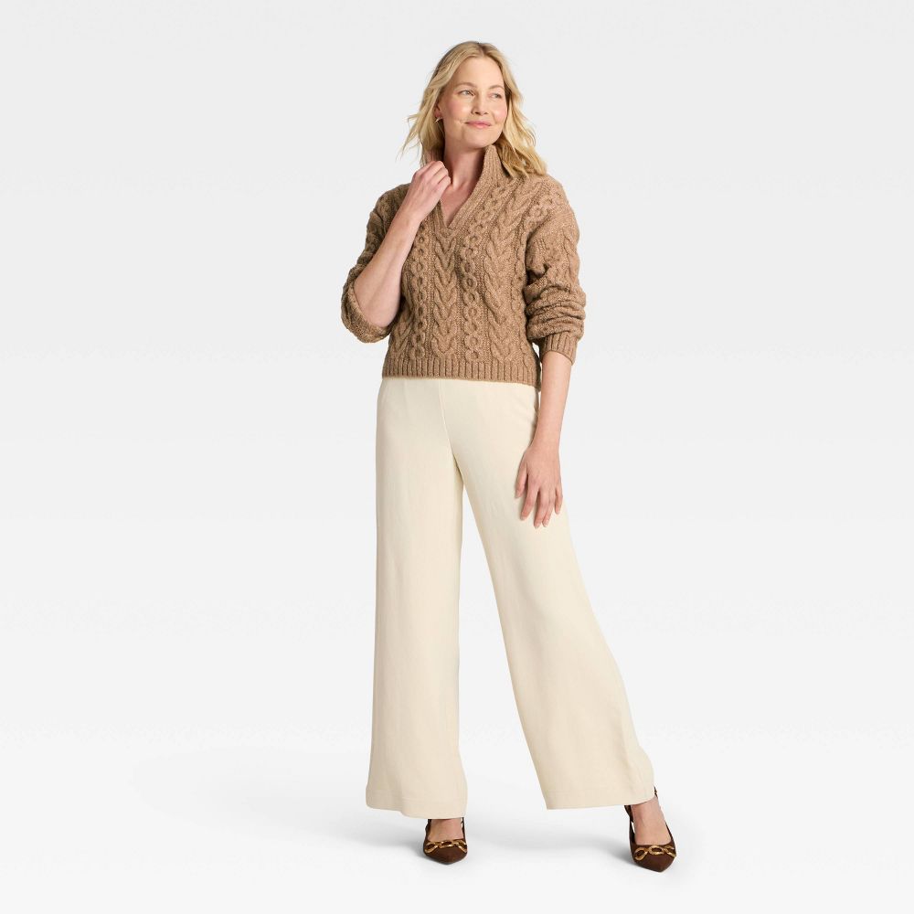 New - Women's Long Sleeve Split Neck Cable Pullover Sweater - A New Day™ Brown M