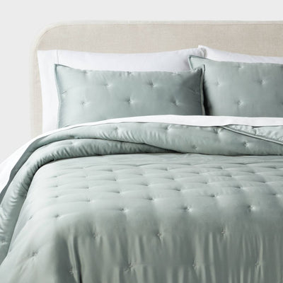 New - 3pc Full/Queen TENCEL™ Comforter and Sham Set Light Teal Green - Threshold™: Satin Weave, 320 Thread Count, Cooling Bedding Set