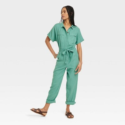 New - Universal Thread Women's Short Sleeve Linen Boilersuit Casual Jumpsuit Universal ThreadBullseye Deals