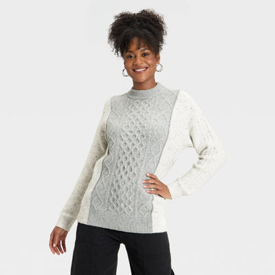 Open Box - Women's Cozy Knit Cable Crewneck Pullover Sweater - Universal Thread™ Cream/Gray M