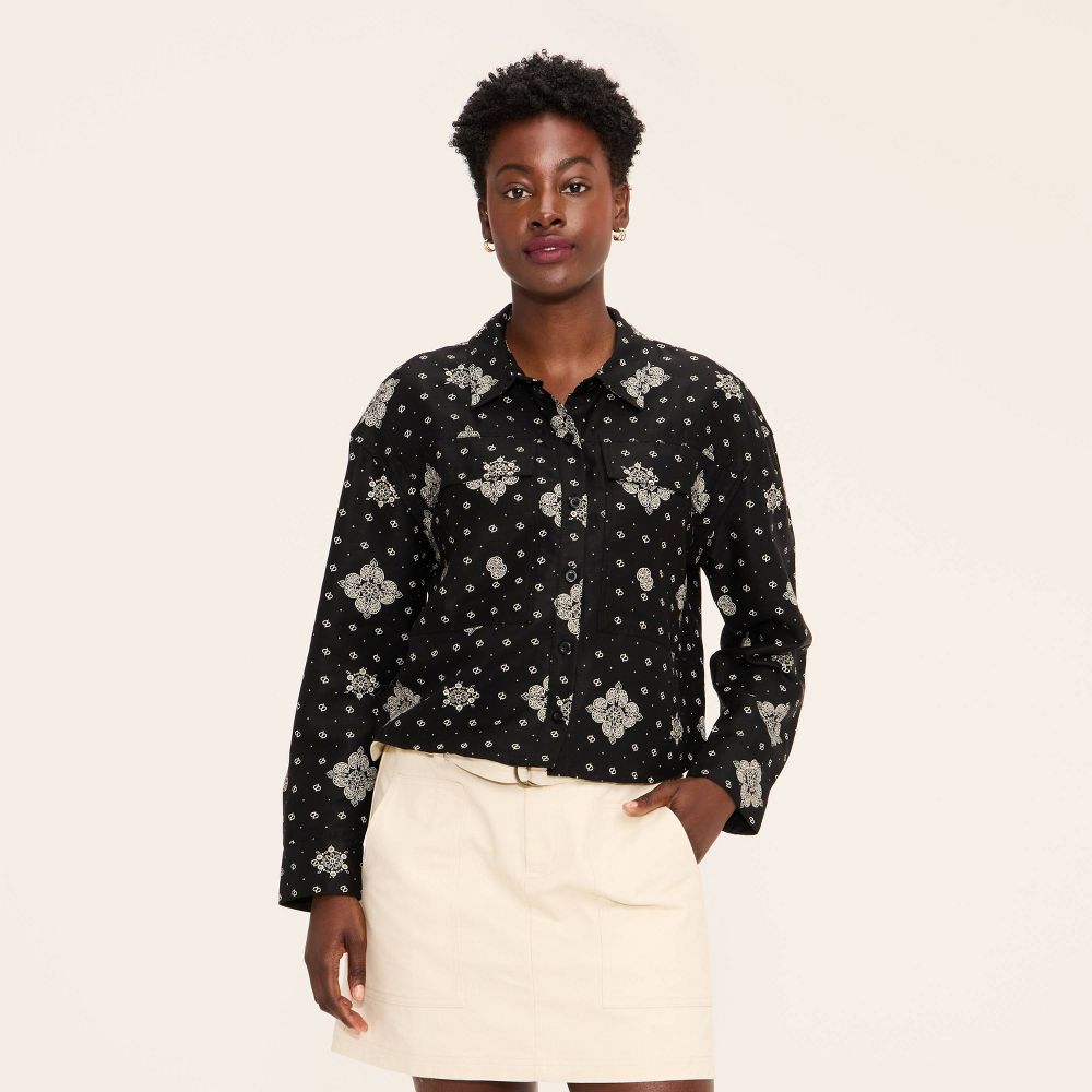 Open Box - Women's Bandana Print Button-Down Long Sleeve Collared Utility Shirt - Woolrich x Target Black XXS