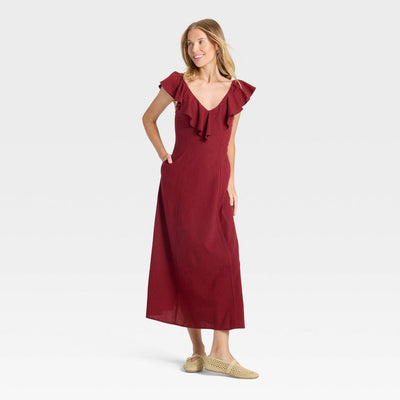 New - Women's Ruffle Sleeve Maxi A-Line Dress - Universal Thread™ Maroon XS