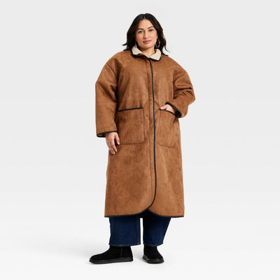 New - Women's Faux Suede Long Coat - Universal Thread™ Tan XXL