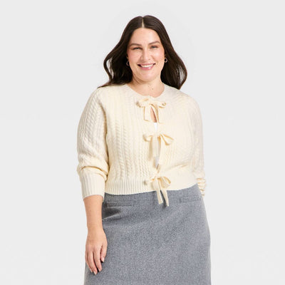 New - Women's Long Sleeve Bow Cardigan Sweater - A New Day™ Cream 2X