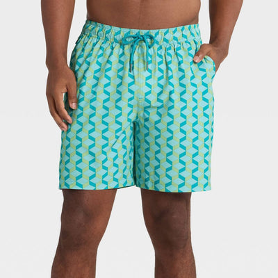 New - Men's 7'' Swim Trunks with Boxer Brief Liner - Goodfellow & Co™ Blue Geo L