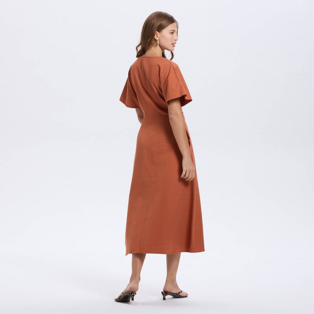 New - Women's Short Sleeve Button-Down Flared Midi A-Line Dress - A New Day™ Baked Clay XS