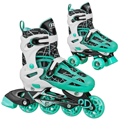 New - Roller Derby Mint Prodigy Kids' Adjustable Inline-Quad Combo Skates - White/Mint Green M (3-6): Indoor/Outdoor Use, Adjustable Size, Padded Collar