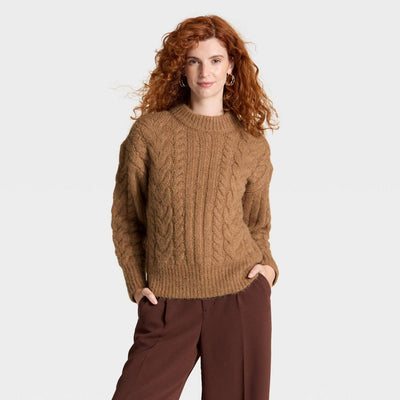 Open Box - Women's Cabled Sweater - A New Day™ Heather Brown L
