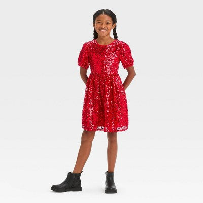 New - Girls' Short Puff Sleeve Sequin Dress - Cat & Jack Cat & JackBullseye Deals