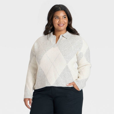 Open Box - Women's Cozy Knit Polo Sweater - A New Day™ Gray/Cream Argyle 1X