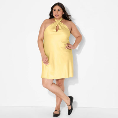 New - Women's Satin Twist Mini Slip Dress - Wild Fable™ Light Yellow XXL