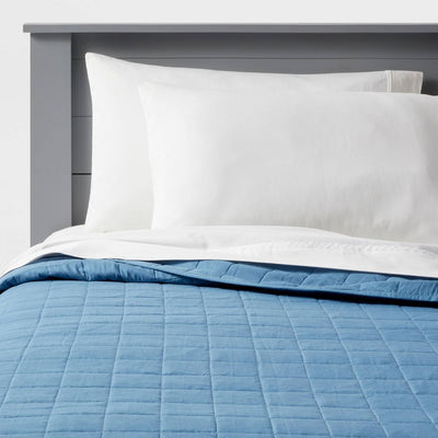 Open Box - Full/Queen Box Stitch Microfiber Kids' Quilt Blue - Pillowfort™