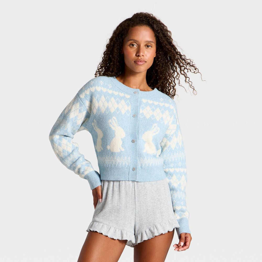 New - Women's Rabbit Print Cropped Cardigan Sweater - Wild Fable™ Blue XXS