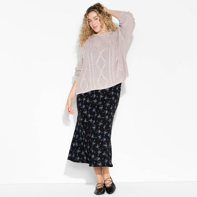 New - Women's Midi Printed A-Line Skirt - Wild Fable™ Navy Blue Floral XXL