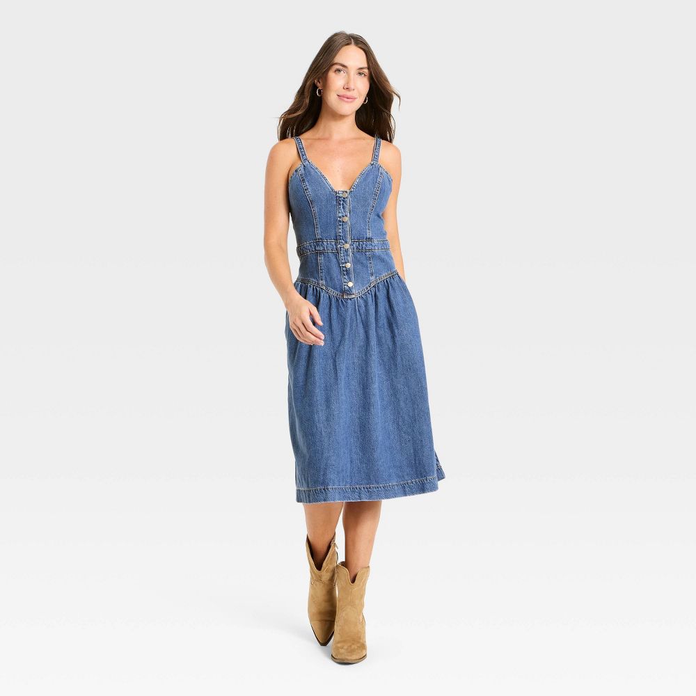 New - Women's Sleeveless Corset Denim Midi Dress - Universal Thread™ Light Wash 2