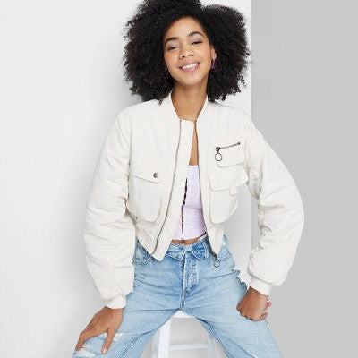 New - Wild Fable Women's Zip-Up Cropped Winter Bomber Jacket Utility Pockets Wild FableBullseye Deals
