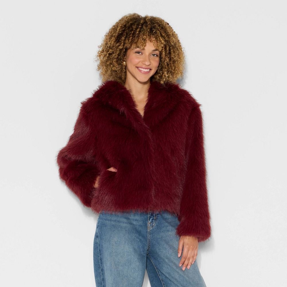 New - Women's Short Faux Fur Jacket - Wild Fable™ Burgundy XXS