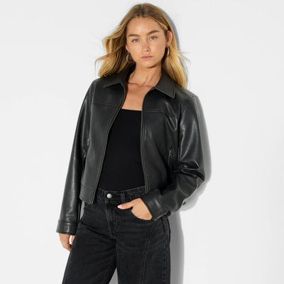 New - Women's Boxy Faux Leather Jacket - Wild Fable™ Black XXS