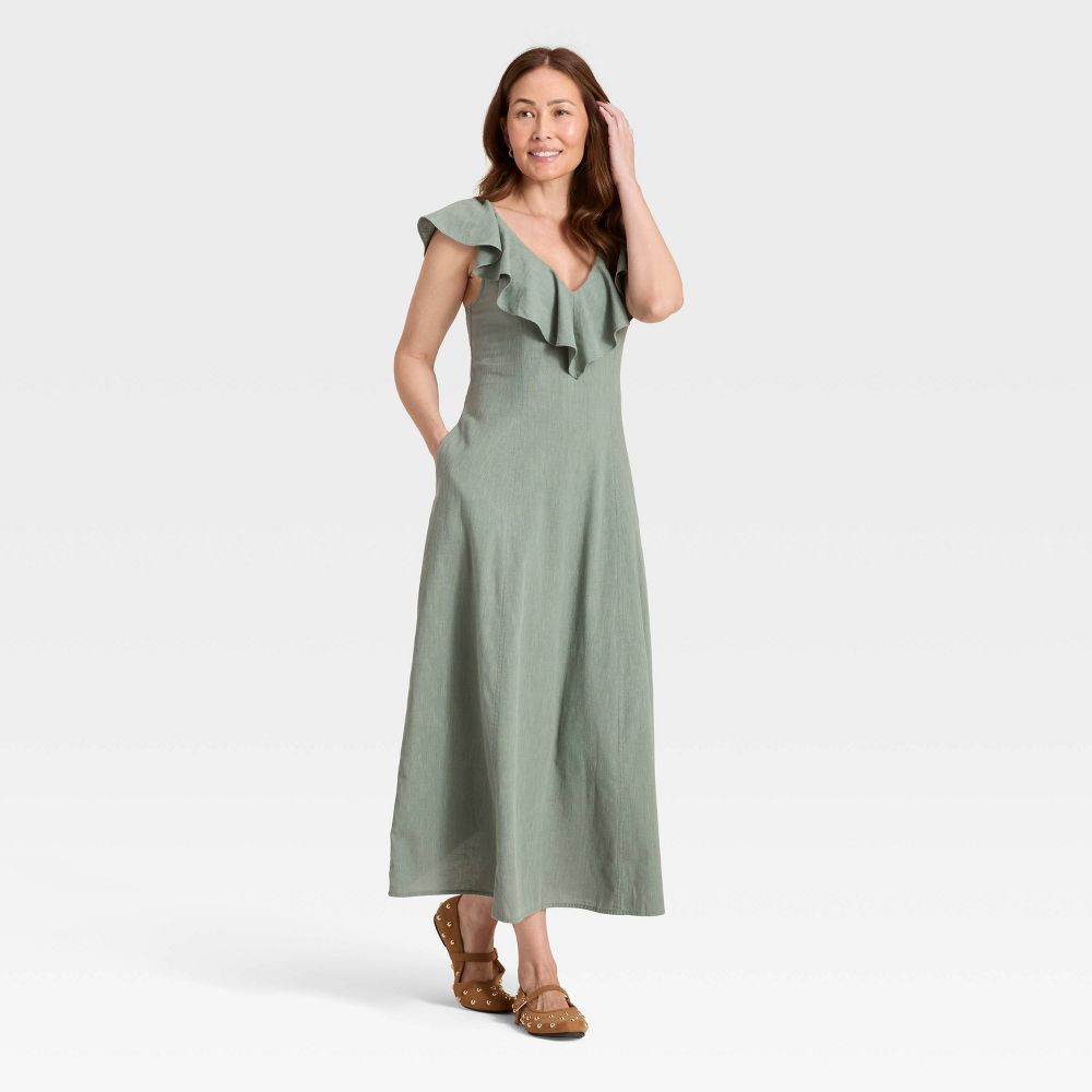 New - Women's Ruffle Sleeve Maxi A-Line Dress - Universal Thread™ Green XL