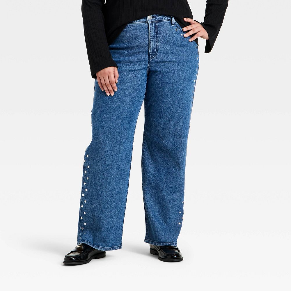 New - Women's Straight Leg Embellished Jeans - Ava & Viv™ Medium Wash 16