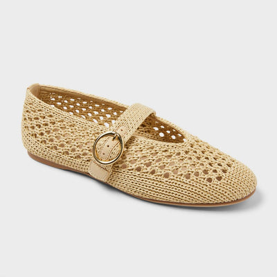 New - Women's Sia Knit Woven Mary Jane Flats - Universal Thread™ Beige 9.5: Cushioned Insole, Buckle Closure