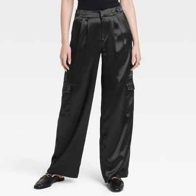 New - A New Day Women's Straight Relaxed High Rise Satin Cargo Pants Glossy A New DayBullseye Deals