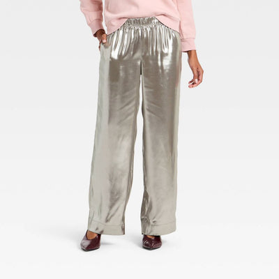 New - Women's Metallic Foil Pull-On Pants - A New Day™ Silver M