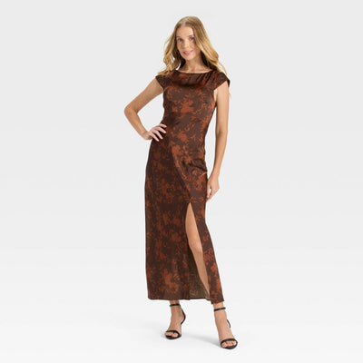 New - Women's Woven Open Back Maxi Dress - A New Day™ Brown Floral L