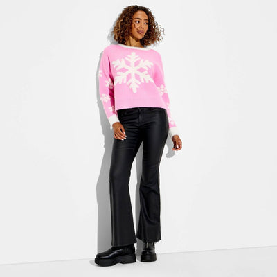 New - Women's Snowflake Festive Graphic Sweater - Pink XS