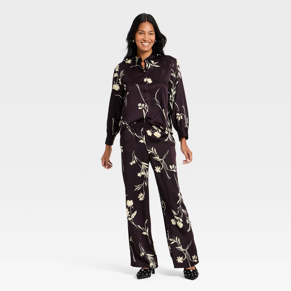 New - Women's Satin Pull-On Pants - A New Day™ Brown Floral S