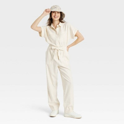 New - Universal Thread Women's Short Sleeve Linen Boilersuit Casual Jumpsuit Universal ThreadBullseye Deals