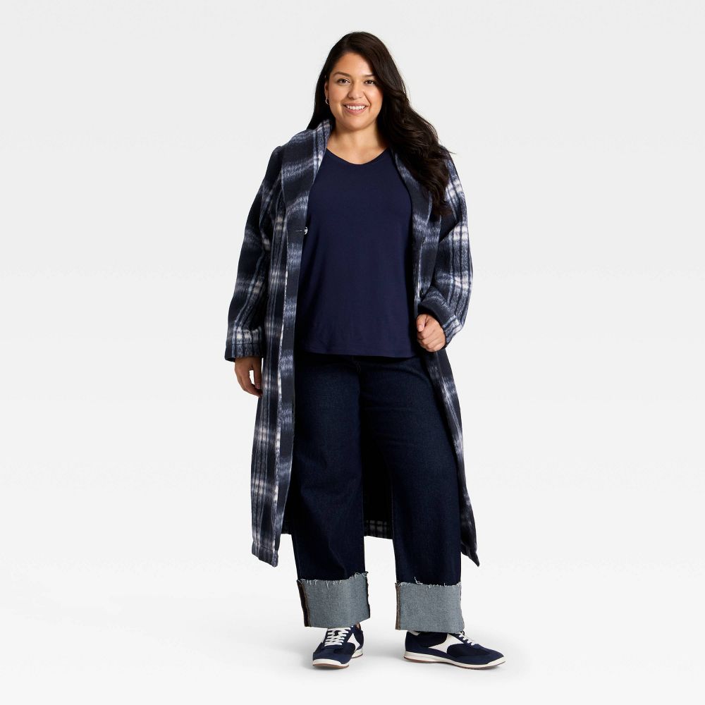 Open Box - Women's Belted Coat - Ava & Viv™ Navy Blue Plaid 1X