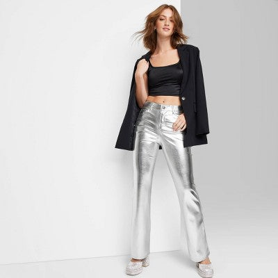New - Wild Fable Women's High Rise Flare Casual Metallic Faux Leather Pants Wild FableBullseye Deals