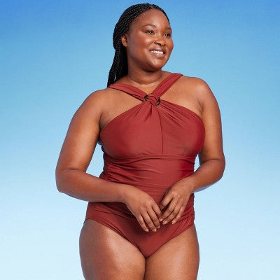 New - Kona Sol Women's Ruched One Piece Swimsuit Ring Crossover Full Coverage Kona SolBullseye Deals