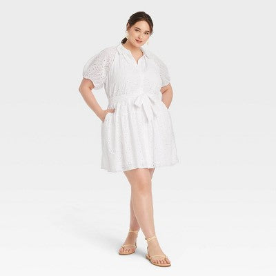 New - A New Day Women's Eyelet Ballon Short Sleeve Mini Summer Shirt Dress A New DayBullseye Deals