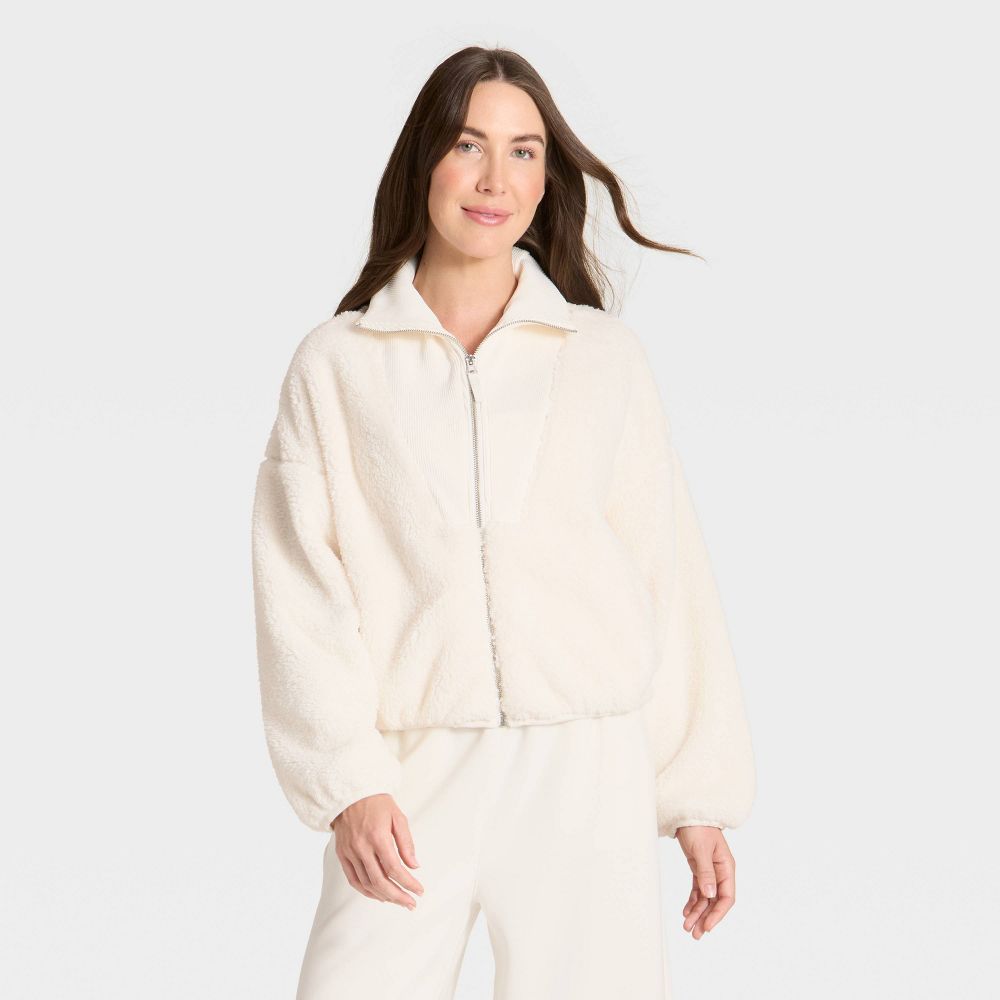 New - Women's High Pile & Ribbed Mix Jacket - All In Motion™ Cream S