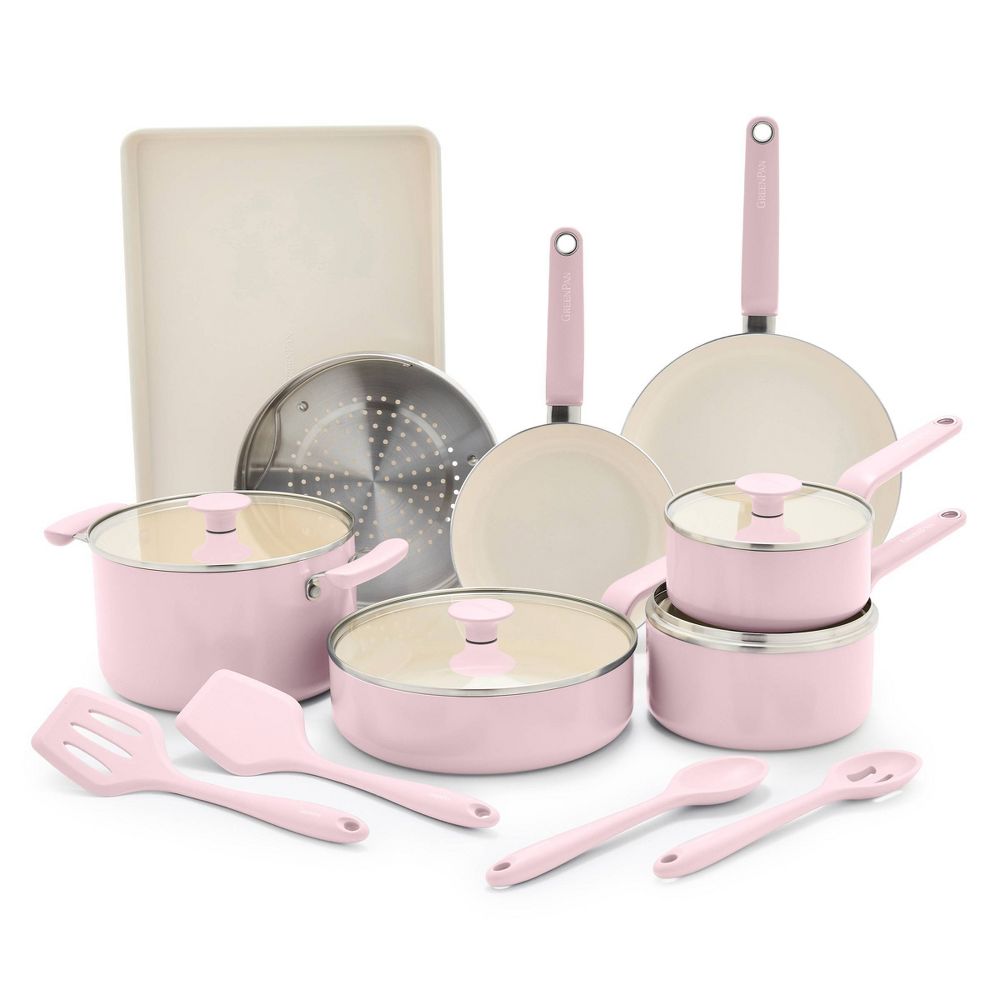 New - GreenPan Rio Advanced 16pc Ceramic Nonstick Cookware Set Pink
