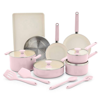 New - GreenPan Rio Advanced 16pc Ceramic Nonstick Cookware Set Pink