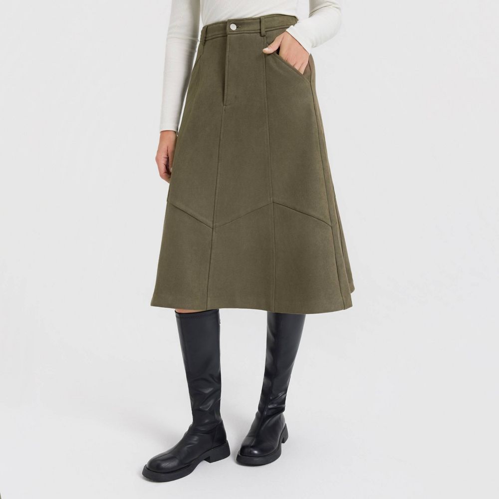 New - Women's Faux Suede Knit Midi A-Line Skirt - Universal Thread™ Olive Green XS