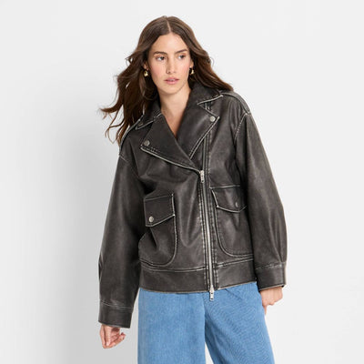 New - Women's Relaxed Leather Moto Jacket - Future Collective Black M